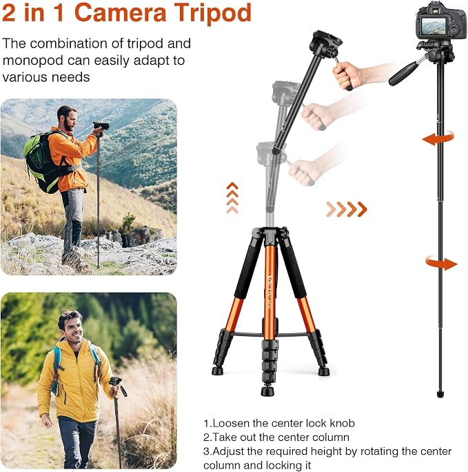 Tripod for Camera, 72" Tall Camera Tripod & Monopod with Remote, Professional Heavy Duty Compact Camera Stand for Phone, DSLR, Spotting Scope, Telescope, Binocular - Image 4