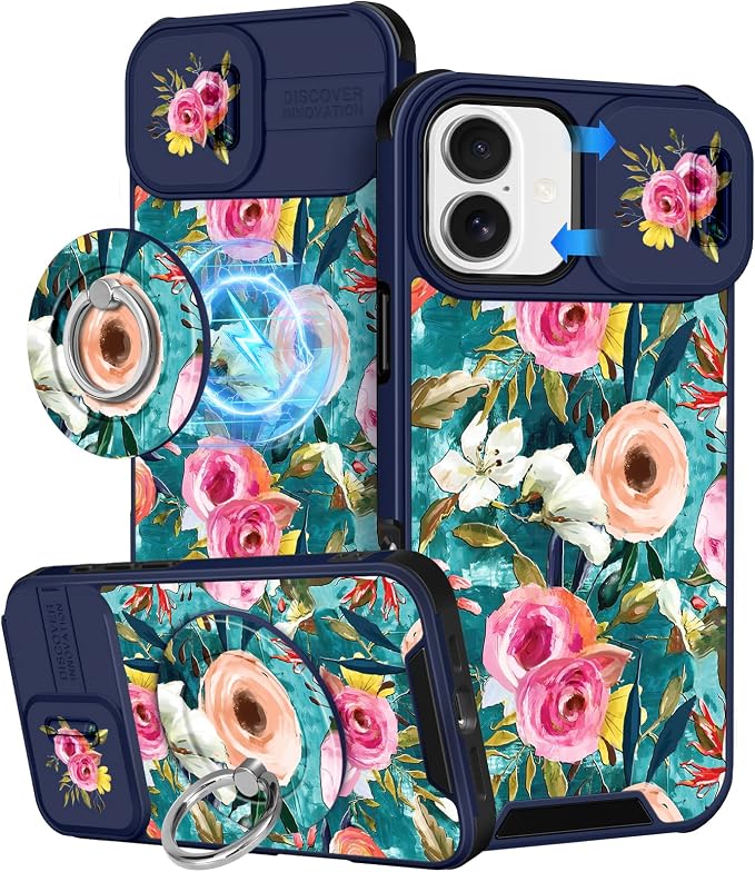Buleens for iPhone 17 Case 6.3 Inch - with Ring Stand & Camera Cover Aesthetic Cute Designed for Women Girls Girly Pretty Unique Kawaii Flowers Phone Case for iPhone 17 Compatible with Magsafe by Buleens