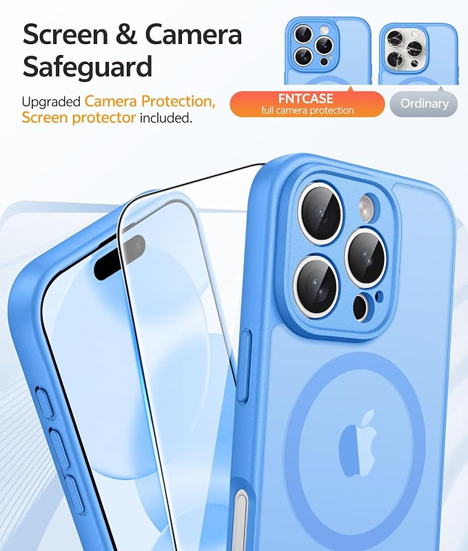 FNTCASE for iPhone 16 Pro Max Case, Fit for Magsafe, Glass Screen Protector | Full Camera Protection, Translucent Matte, 14FT Military Grade Drop Proof, Shockproof Protective Phone Cover, Ice Blue - Image 4