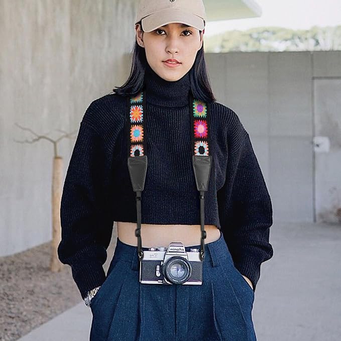 Padwa Lifestyle Colorful Crochet Camera Strap - 2" Full Grain Leather Ends Camera Straps for Photographers, Vintage Embroidered Cotton Soft Suede Fabric Padded Strap Quick Release fits All Cameras - Image 5