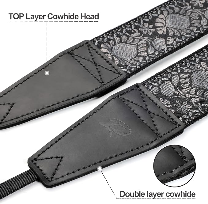 Padwa Lifestyle Gray Flower Camera Strap - 2" Full Grain Leather Ends Camera Straps for Photographers, Vintage Embroidered Cotton Weave Soft Suede Fabric Padded Strap Quick Release fits All Cameras - Image 2