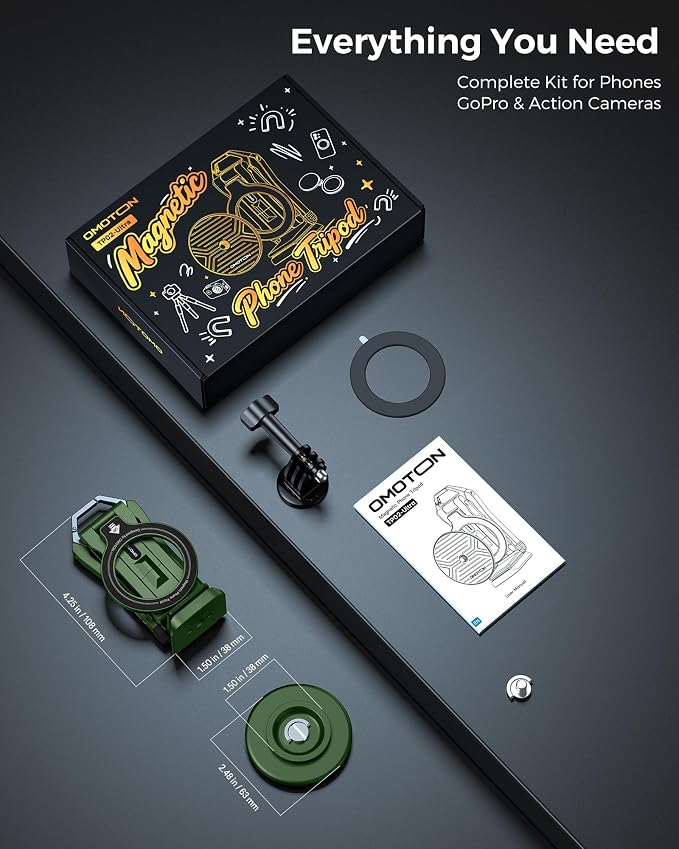 OMOTON TP02-Ultra Multi-Device Camera & Phone Mount with 1/4" Adapter Green | Built-In 1/4" & Arca Base, Clamp, Magnetic & Tripod Setups for iPhone, Pocket/Action Cameras, Overhead & Low-Angle Filming - Image 9