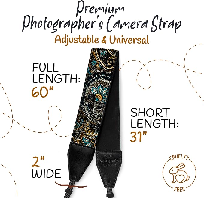 Art Tribute Camera Strap - Shoulder, Crossbody & Neck Camera Strap for Photographers, Fits All Cameras, Canon Nikon Sony Fujifilm, Padded Strap W/Quick Release, Embroidered Cotton & Leather Ends - Image 5