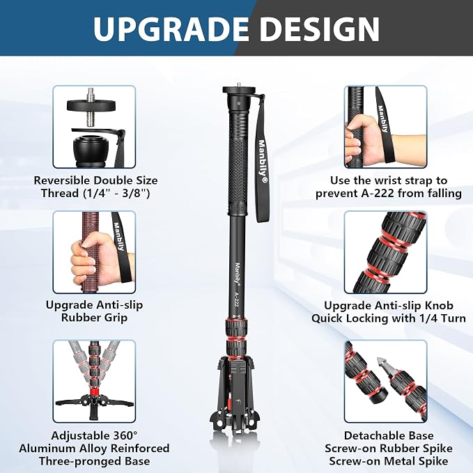 Extendable Camera Aluminum Monopod with Feet,Portable Travel Monopod with Removable Tripod Stand Base for DSLR Canon Nikon Sony Video Camcorder,5 Sections up to 67-in,Max Load 15.5 Lbs（A-222） - Image 3