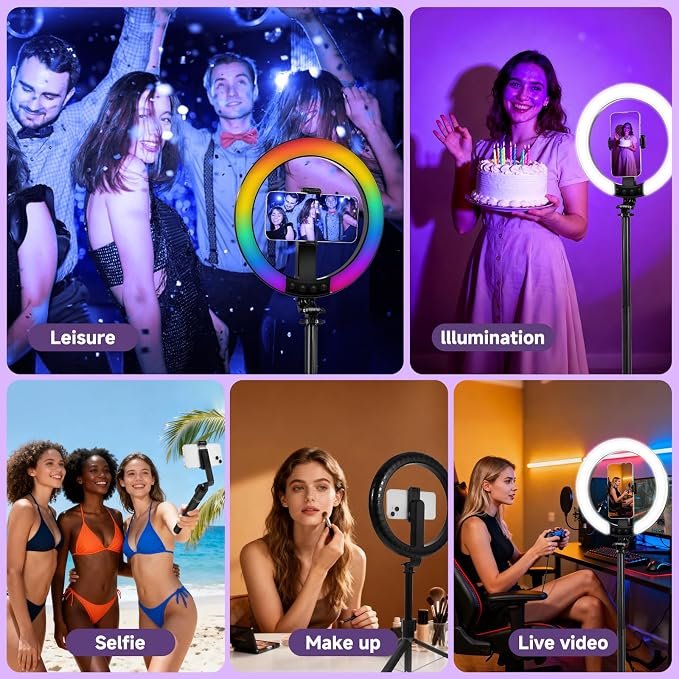 10" Ring Light with Stand, 74"Tripod with Ring Light &Phone Holder | RGB Full Color Modes Selfie Light with Extendable Tripod Stand,iPad Holder, Remote for iPhone,YouTube, TIKTok, Vlogging - Image 7