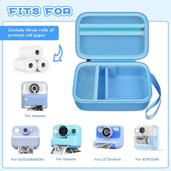 Boobowl Kids Instant Print Camera Case for Dylanto, for Gofunly Cameras | 3 Included Paper Rolls, Adjustable Divider, Mesh Pocket and Shoulder Strap for Kid Travel, Photo Storage, Box Only - Blue - Image 2