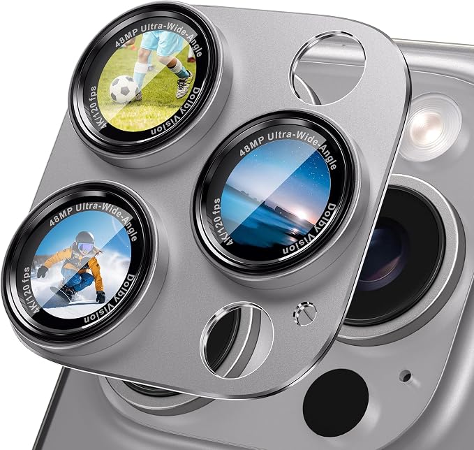 CACOE Metal Camera Lens Protector for iPhone 15 Pro/15 Pro Max | Tempered Glass Cover, Anti-Scratch, Drop-Proof, Strong Adhesion, Camera Screen Cover Accessories, Titanium by CACOE