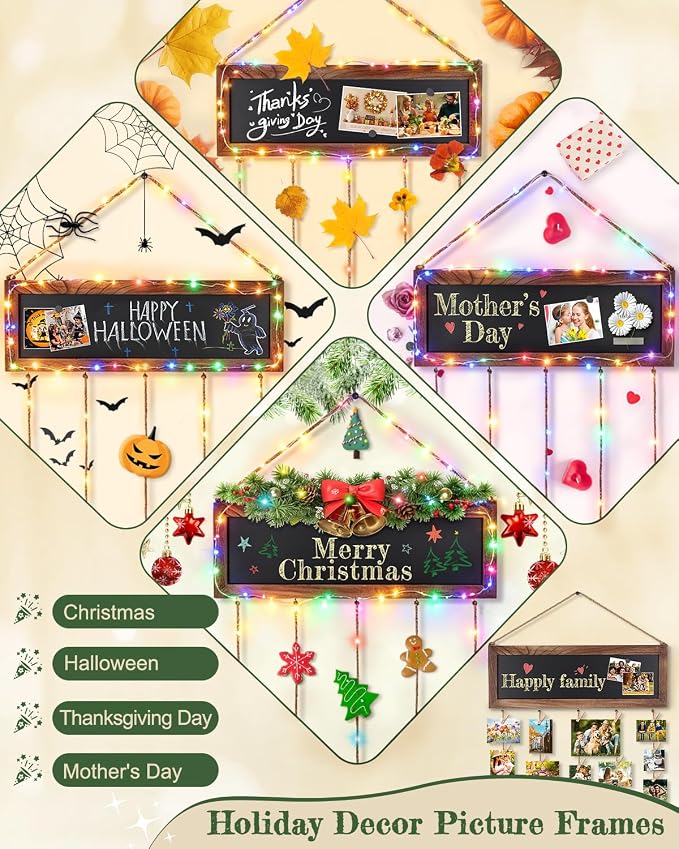 Bikoney Hanging Photo Display with String Lights, Clips & Chalkboard | Rustic Collage Picture Frame for Polaroids, Magnetic Chalkboard, Perfect Dorm Wall Decor & Graduation Gift - Image 6