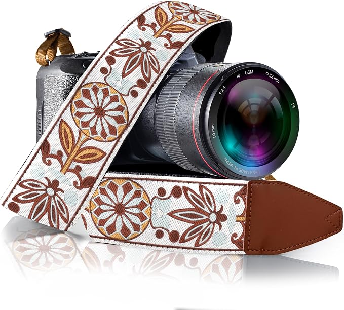 Camera Strap - Shoulder, Crossbody & Neck Camera Strap for Photographers, Fits All Cameras, Canon Nikon Sony Fujifilm, Padded Strap W/ Quick Release, Embroidered Cotton & Leather Ends, White by ArtTribute