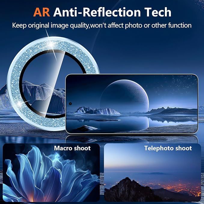 for Samsung Galaxy Z Flip 8 Camera Lens Protector, Individual Metal Ring Tempered Glass Lens Cover, [Strong Adsorption] Scratch Resistant Ultra-Thin HD Clear Lens Cover, 1 Set-Blue Sparkly - Image 3