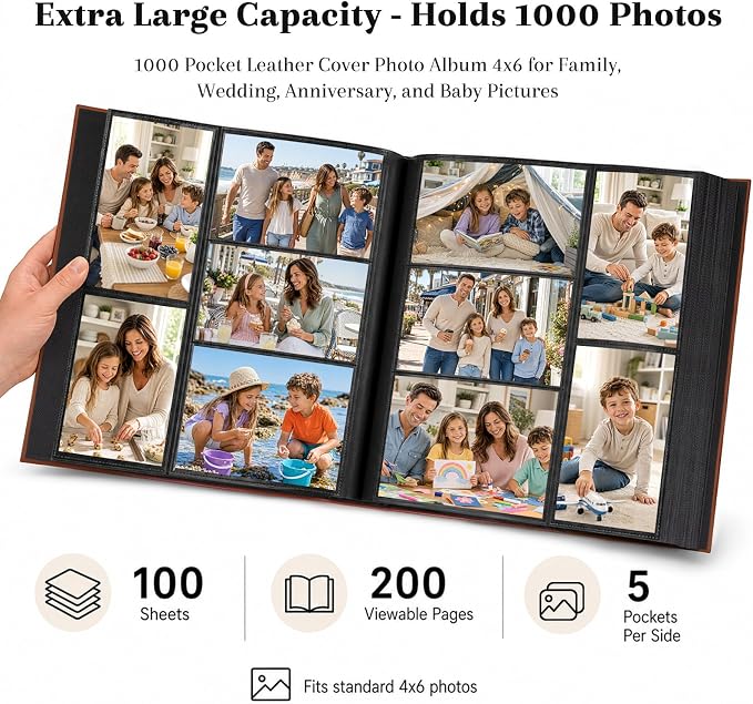 Aevdor Large Capacity 4x6 Photo Album, 1000 Photos, Leather Cover, Brown | 3 Horizontal + 2 Vertical per Side, Acid-Free Black Inner Pages, Front Display Window, Family, Wedding & Everyday Photos - Image 2