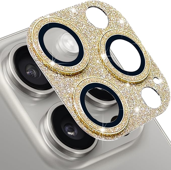 for iPhone 15 Pro & iPhone 15 Pro Max Camera Lens Protector, Bling 3D Rhinestone Diamond 9H Tempered Glass Camera Cover Anti Scratch Shockproof Lens Screen Full Protective Cover -Gold by Hsefo