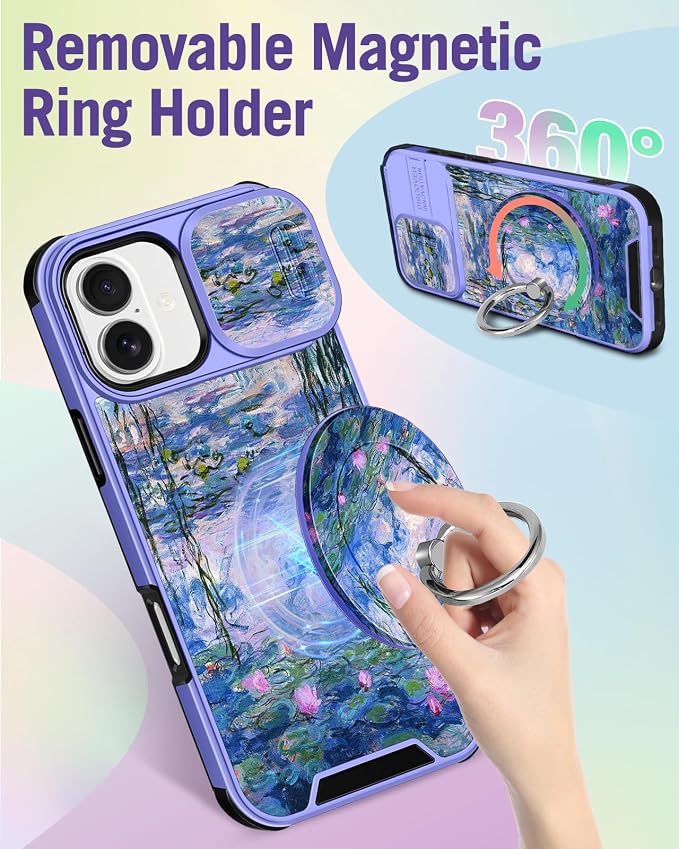 Buleens for iPhone 17 Case 6.3 Inch - with Ring Stand & Camera Cover Aesthetic Cute Designed for Women Girls Girly Pretty Kawaii Blue Water Lily Teens Phone Case for iPhone 17 Compatible with Magsafe - Image 5