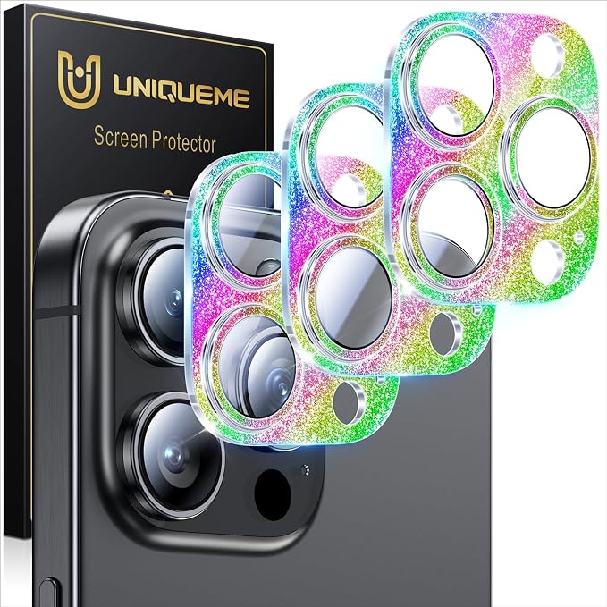 UniqueMe for iPhone 16 Pro/16 Pro Max Camera Lens Protector-Bling Colorful | 3 Pack, Drop Protection, Case Friendly, 9H Tempered Glass, Camera Cover Screen, Update New Version by UniqueMe