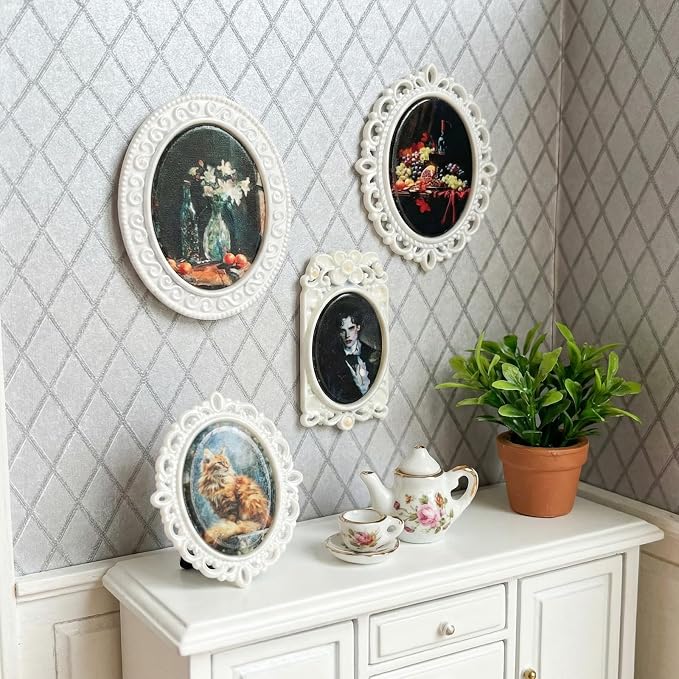 7pcs Mini Picture Frame,Small Vintage Picture Frame 1/12 Scale Accessory | White Oval, with 7 Pictures, Antique Tiny Photo Frame, for DéCor, Tabletop Wall Mount, Display - Image 7