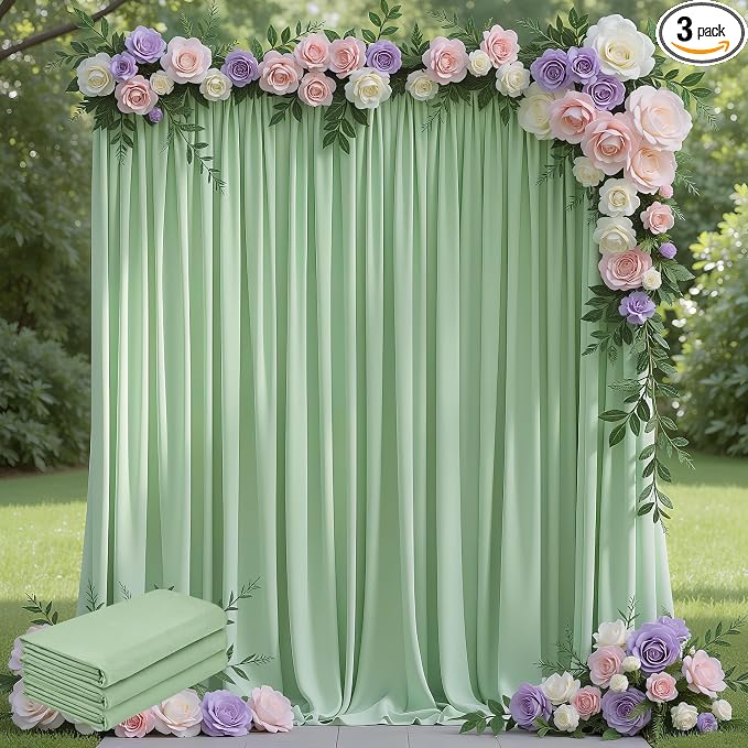 Sage Green Backdrop Curtain Drapes for Parties, 3Pack 10x8FT | Wrinkle Free Polyester Curtain Backdrop Draping Fabric for Backdrop Photoshoot Birthday Party Background,6 Panel 5x8FT by Wokceer