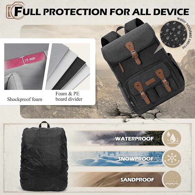 RAINSMORE Camera Backpack, DSLR SLR Mirrorless Camera Bag for Photographer | 15.6 Inch Vintage Canvas Camera Case with Laptop Compartment & Tripod Holder & Rain Cover for Sony Canon Nikon Fujifilm Black - Image 6
