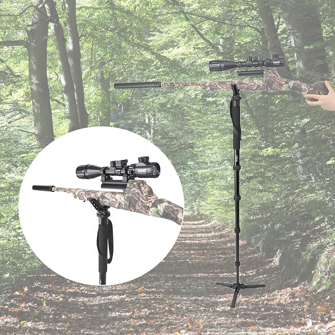Hunting Monopod Shooting Tripod Stick Gun Rifle Rest | Tiltable and Horizontally Rotatable Tri-Stand Tripod Base, 21"-65" Height Adjustment, Matt Aluminum Construction - Image 6