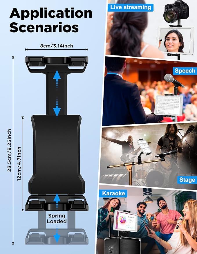 Tablet Holder for Microphone Stand with Power Bank Clip, iPad Music Stand | 360° Adjustable Spring-Loaded Clip Clip-on Phone Mount for Sheet Music Stand, Fits Devices Screen Size from 4.7 to 13.5” - Image 7