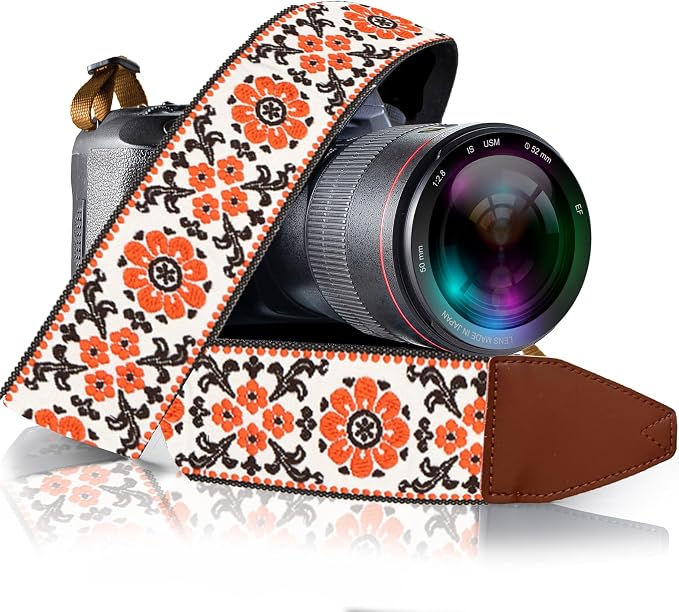Art Tribute Camera Strap - Shoulder, Crossbody & Neck Camera Strap for Photographers, Fits All Cameras, Canon Nikon Sony Fujifilm, Padded Strap W/Quick Release, Embroidered Cotton & Leather Ends by ArtTribute