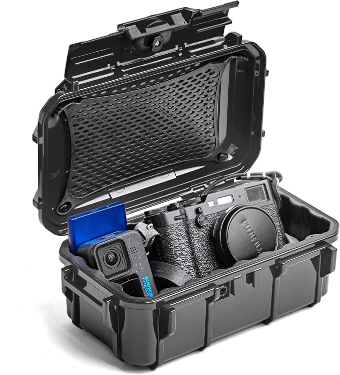Evergreen Dry Box Tech Organizer – For Camera, Cables, Hard Drives, Memory Cards, Keys, Compatible with GoPro, Airtags (Large, Rubber Boot, Black) by EvergreenCases