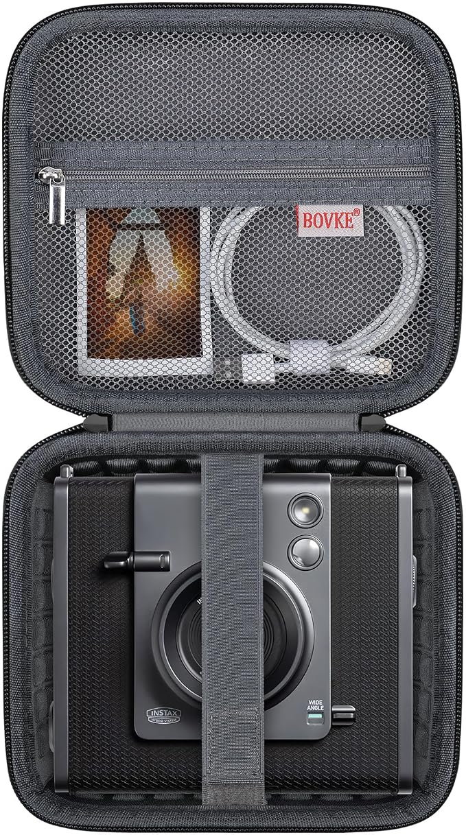 BOVKE Carrying Case for Fujifilm INSTAX Wide EVO 2-in-1 Instant Film Camera and Printer, Wide EVO Instant Camera Storage Bag Holder with Mesh Pocket for Film Filters, Cables, Film Packs, Black by BOVKE