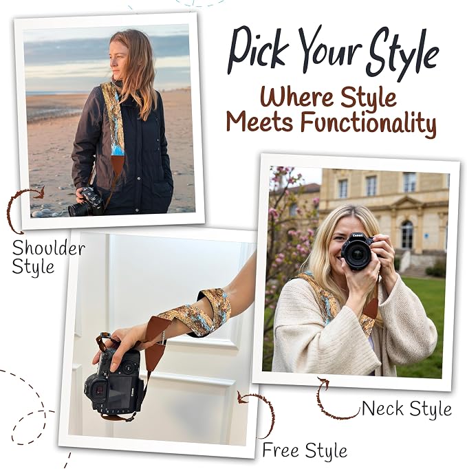 Art Tribute Camera Strap - Shoulder, Crossbody & Neck Camera Strap for Photographers, Fits All Cameras, Canon Nikon Sony Fujifilm, Padded Strap W/Quick Release, Embroidered Cotton & Leather Ends - Image 6