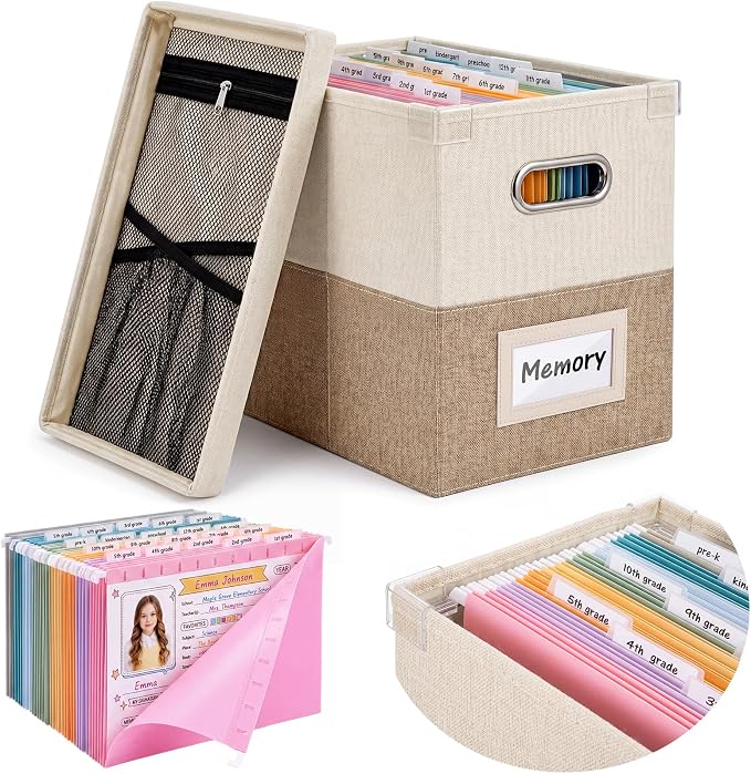1 Set School Memory Box Organizer, School Keepsake Organizer K-12,Beige | with 15 Hanging File Folders, 4 Labels, 3 Sticker, Mesh-Pocket Lid, for Letter/A4, Report Cards, Photos, Awards, File Keeper by Wenqik