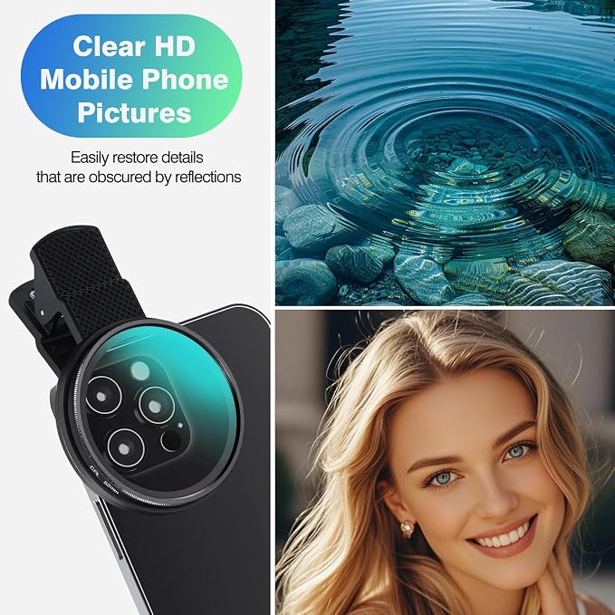 67mm CPL Filter for iPhone & Android, Phone Polarizing Lens Kit with Clip-On Adapter to Eliminate Glare & Reflections for Professional Car Photography, Water, and Scenery, Travel Case Included - Image 6