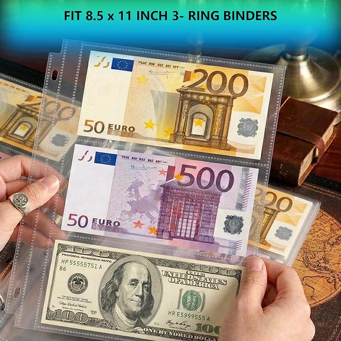 50 Pack （7.6x3.6inch ） 3 Pockets Currency Sleeves for 3 Ring Binder | Currency Collection Sleeves, Cash Collecting Album Refill Page, for Collecting Dollar Bills, Paper Money,and Coupons - Image 5