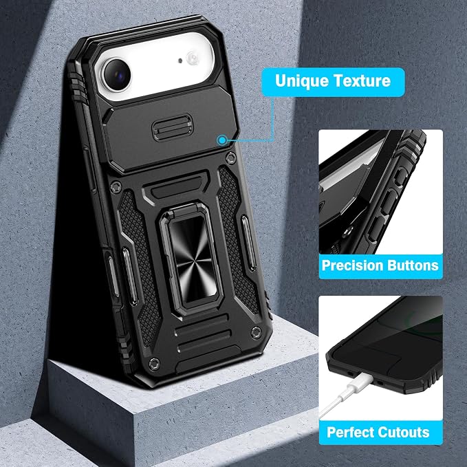 VEGO for iPhone Air Case with Privacy Screen Protector and Kickstand Black | Slide Camera Cover and Ring Kickstand Military Grade Heavy Duty Protection Cover for iPhone 17 Air 6.5 Inch - Black - Image 7