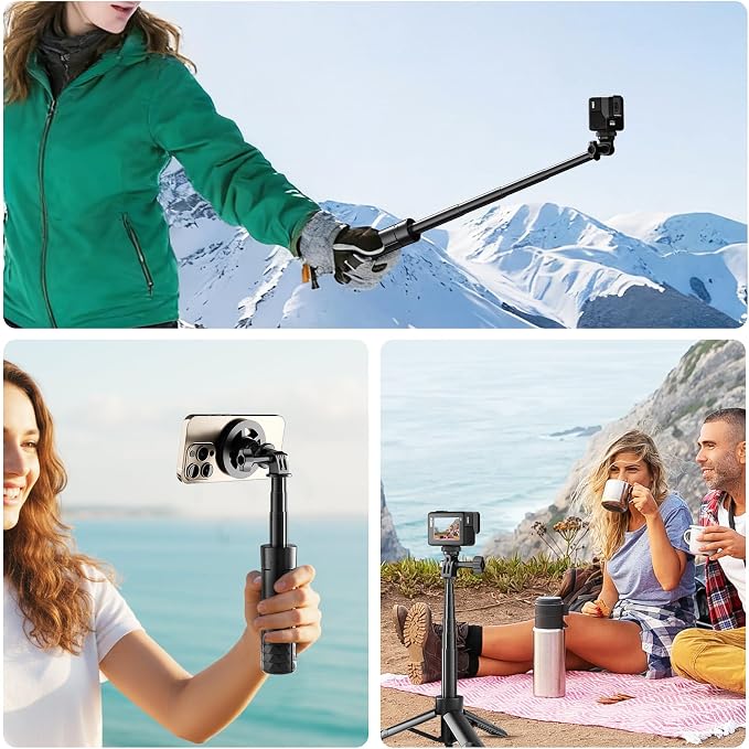 25 Inch Magnetic Selfie Stick Tripod, 5-in-1 Compact Phone and Camera Stand with 1/4-Inch Adapter, Lightweight Travel Grip for iPhone, Osmo Pocket 3, Action Cameras and Vlogging - Image 6