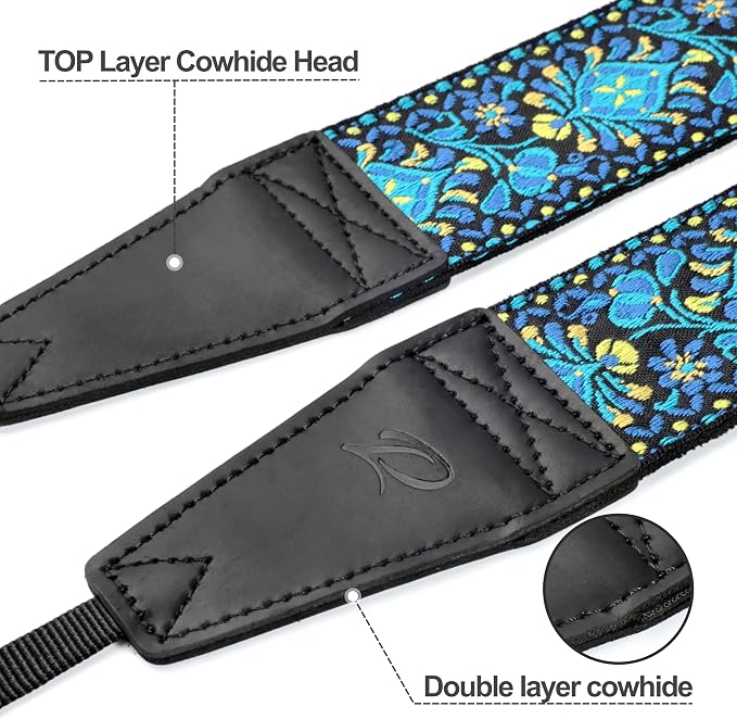 Padwa Lifestyle Camera Strap - 2" Full Grain Leather Ends Camera Straps for Photographers, Vintage Embroidered Cotton Weave Soft Suede Fabric Padded Strap Quick Release fits All Cameras - Image 2