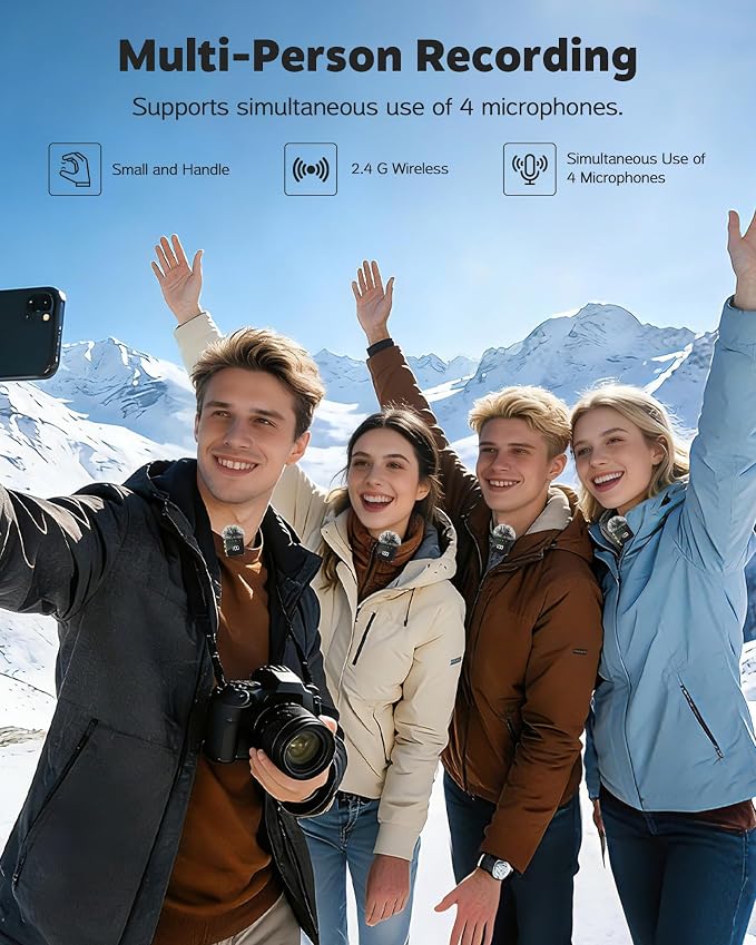 3 in 1 Wireless Lavalier Microphone for iPhone, Android, Cameras | 4-Person Mini Mic with Noise Reduction, 40H Battery Life, Mics for Video Recording, Podcasts, Vlog, TikTok, YouTube (Black) - Image 2