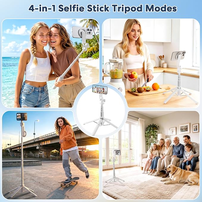 53''Magnetic Selfie Stick Tripod for iPhone Andiod with 1/4" Screw Mount | Cell Phone Tripod with Wireless Remote, 4-Leg Stable Base Tripod for IPhone 17 Pro Video Recording,TikTok Creator,Vlog,Travel - Image 8