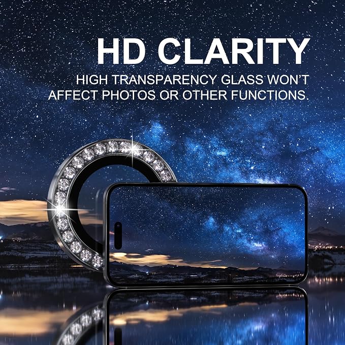 Choiche for iPhone 16 Pro/iPhone 16 Pro Max Camera Lens Protector | Ultra HD, Bling 9H Tempered Glass Camera Cover Screen Protector Metal Ring Decoration Accessories (Diamond-Black) - Image 4