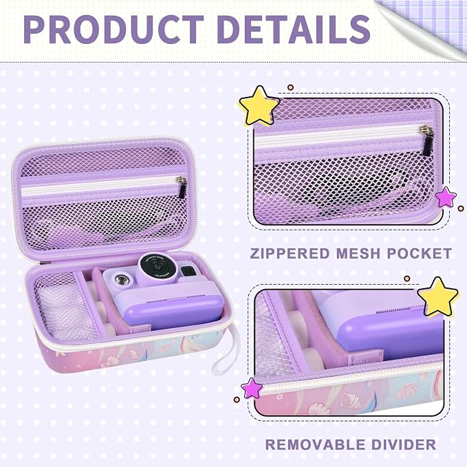 Kids Instant Print Camera Case & 3 Rolls for DYLANTO for ESOXOFFORE | Portable Digital Camera Case for ETIKEZ for YTETCN for DUDUDRAGON with Pocket for Accessories (Box Only)-Purple Fish - Image 4