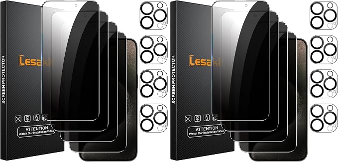 Lesakit 4+8 Pack Privacy Screen Protector for iPhone 15 Pro Max 6.7-Inch with 8 Pack Camera Lens Protector, Anti Spy Tempered Glass Film 9H Hardness Case Friendly by Lesakit