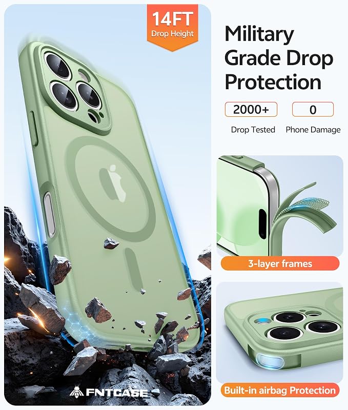 FNTCASE for iPhone 16 Pro Max Case, Fit for Magsafe, Glass Screen Protector | Full Camera Protection, Translucent Matte, 14FT Military Grade Drop Proof, Shockproof Protective Phone Cover, Light Moss - Image 5