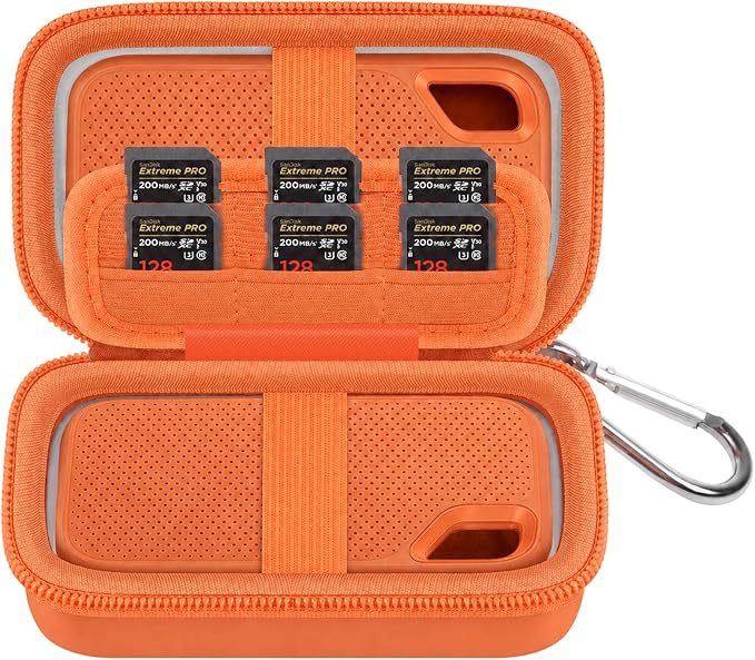 Comecase Dual SSD Case for SanDisk Extreme Portable SSD and Extreme PRO | Holds 2 Drives & 12 SD Cards, Elastic Strap Fit 500GB/1TB/2TB/4TB/8TB, Cable Groove & Carabiner for Travel, Orange, Box Only by COMECASE