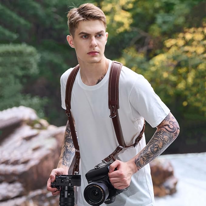 Padwa Lifestyle Dark Brown Dual Camera Harness for Two Cameras - Wide Strap with Thick Shoulder Padded,Full Grain Leather Double Harness,Multi Camera Gear for DSLR Strap for Photographers - Image 3