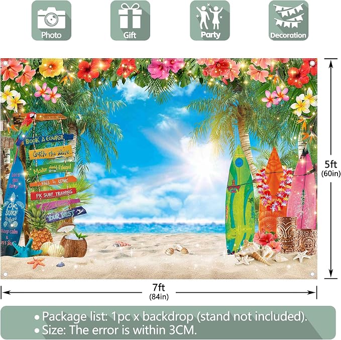 7x5ft Summer Hawaiian Beach Photography Tropical Luau Backdrop | Flower Palm Leaves Background, Aloha Party Supplies, Surfboard Banner, Holiday Photo Booth, Polyester, Grommets, 1PC - Image 4