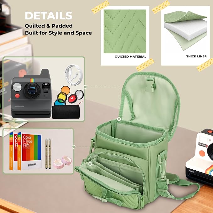 Camera Case for Polaroid Now 3rd/2nd Gen with Photo Display Window | Instant Camera Sling Bag with Clear Display Window, ilted Front Pocket, 8mm Padding, Top Handle and Adjustable Strap, Green - Image 5