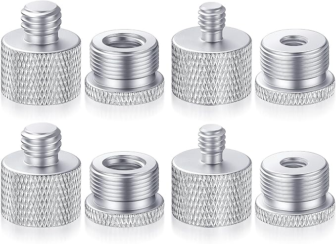 8 Pcs Mic Stand Adapter 5/8 Female to 3/8 Male 4 Types | Silver Mic Thread Adapter 8 Pcs, 5/8 3/8 1/4 Screw, Aluminum Alloy Knurled, Non Slip Grip, for Mic Stand and Boom Arm by Moxweyeni