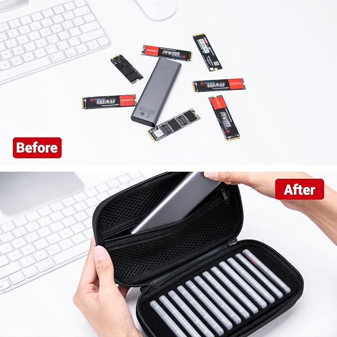EVA PU M.2 SSD Holder with 12 Clear M.2 NVMe Cases for 2280/2260/2242/2230 SSDs, Water-Resistant & Shockproof with Zipper Pocket & Carry Handle - Image 7