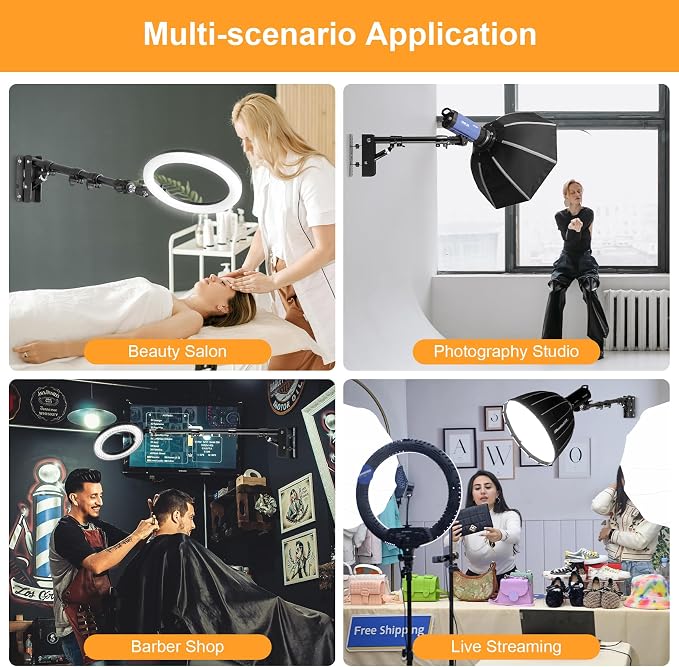SITTO Ring Light Wall Mount 43inch/110cm, Triangle Boom Arm for Barbershop | Beauty Salon, Live Streaming, Tattoo, Photography Studio, Support 180° Rotation - Image 2