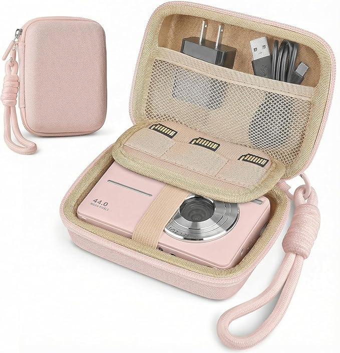 Digital Camera Case for CAMKORY/KODAK PIXPRO FZ45/FZ55/Canon IXUS 285 HS/AbergBest/Sony DSCW800/DSCW830 - Small Travel Compact Camera Holder with Mesh Pocket for SD Card & Accessories (Light Pink) by Roseliya