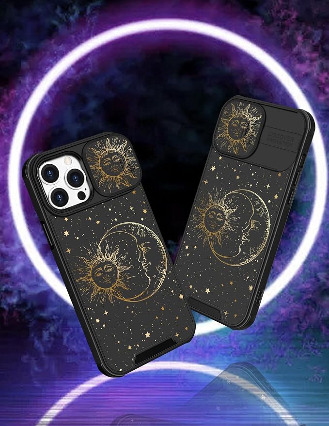 (2in1 for iPhone 13 Pro Max Case Sun and Moon for Women Cute Stars Phone Cover Star Design with Slide Camera Cover Protective Fashion Golden Space Cases for Apple 13 Pro Max 6.7'' - Image 4