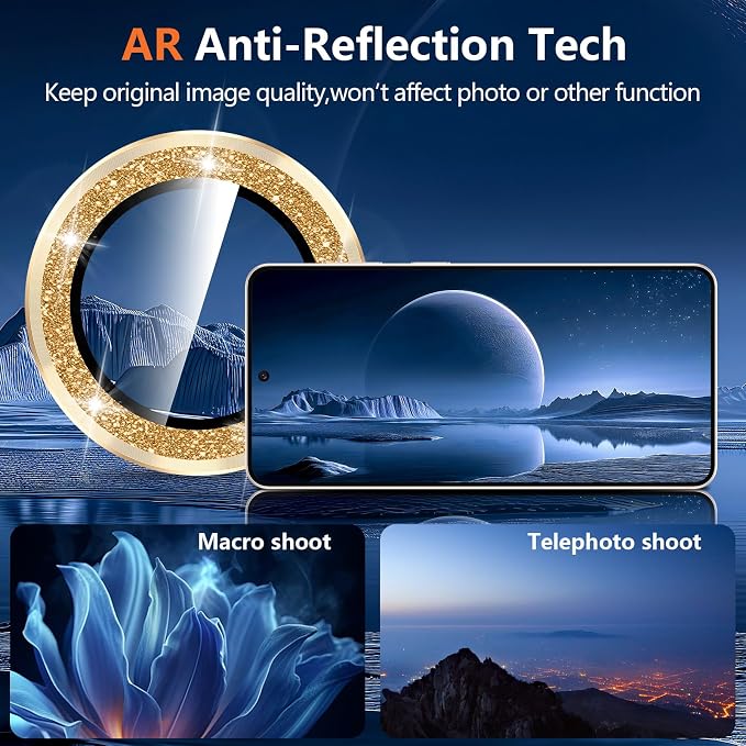 for Samsung Galaxy S26 Plus Camera Lens Protector, Individual Metal Ring Tempered Glass Lens Cover, [Strong Adsorption] Scratch Resistant Ultra-Thin HD Clear Lens Cover, 1 Set-Gold Sparkly - Image 3