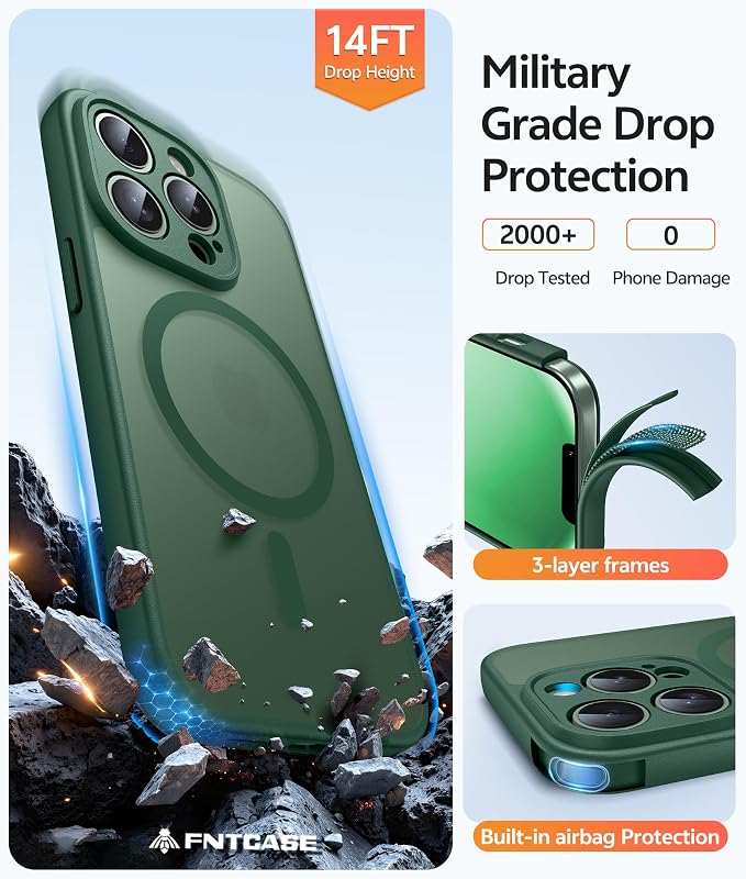 FNTCASE for iPhone 13 Pro Case, Fit for Magsafe, Screen Protector Green | Full Camera Protection, Translucent Matte, 14FT Military Grade Drop Proof, Shockproof Protective Phone Cover, Green - Image 5